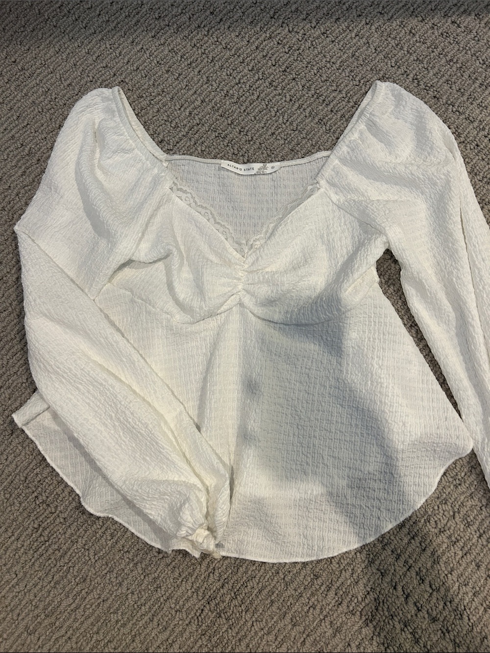 Altar'd State White Smocked V-Neck Long Sleeve Blouse